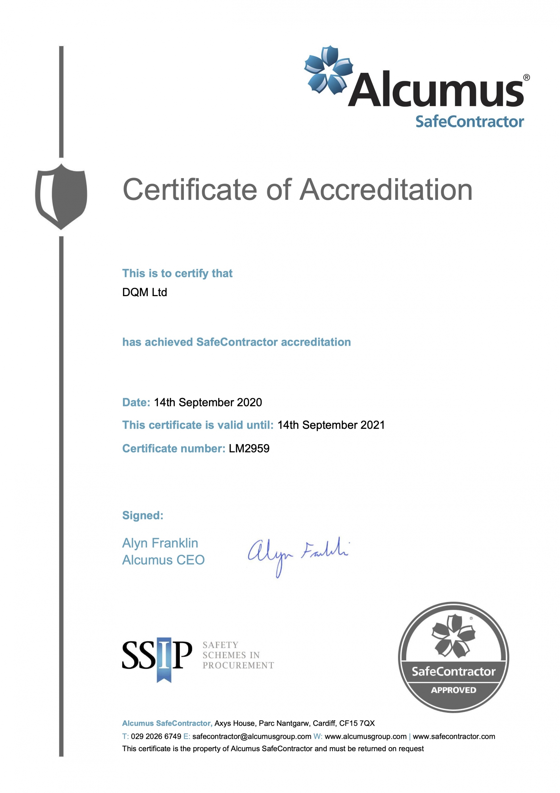SafeContractor Certificate 2020-2021