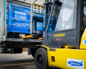 A Kohler-SDMO generator arrival being unloaded by forklift from the back of a lorry