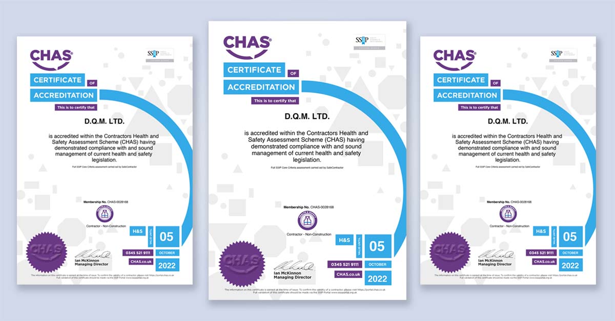 CHAS Premium Plus health and safety certificate for DQM LTD standby power hampshire generator specialists