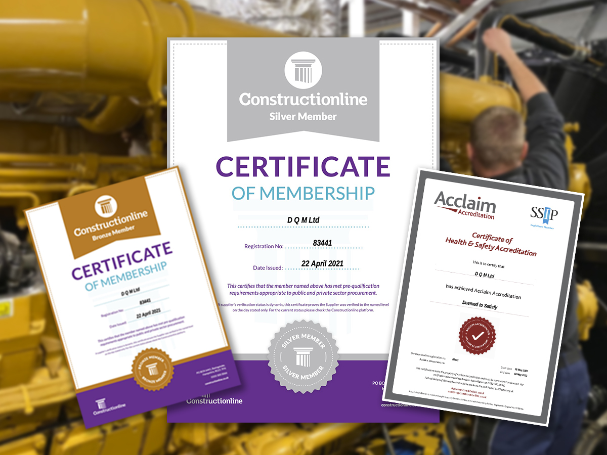 Constructionline Accreditation certificates for DQM LTD, standby power hampshire generator specialists