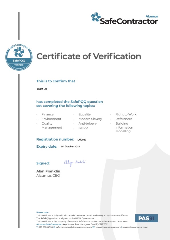 DQM SafeContractor 2021 22 PQQ certificate